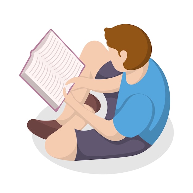 Hombre sentado y leyendo un libro isométrico Educación concepto de pasatiempo Ilustración vectorial
