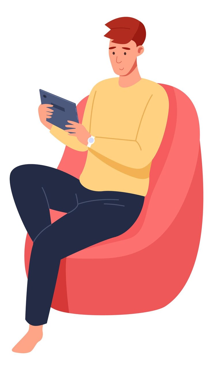 Vector hombre sentado llamando a video con tableta comunicación en línea aislada sobre fondo blanco
