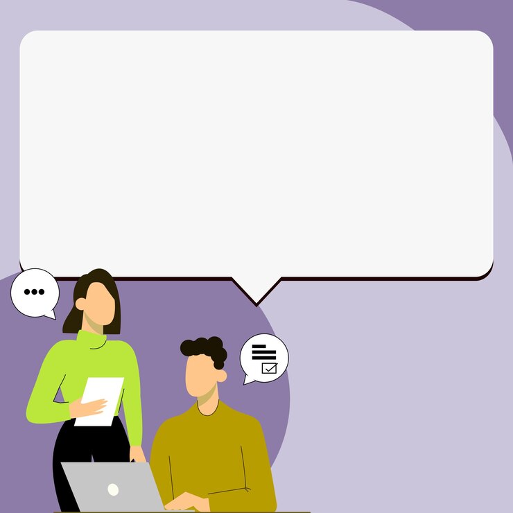 Vector hombre sentado en la mesa con la computadora portátil mujer de pie cerca de la computadora personas discutiendo las últimas noticias el titular de texto blanco grande sobre fondo de color contiene la agenda