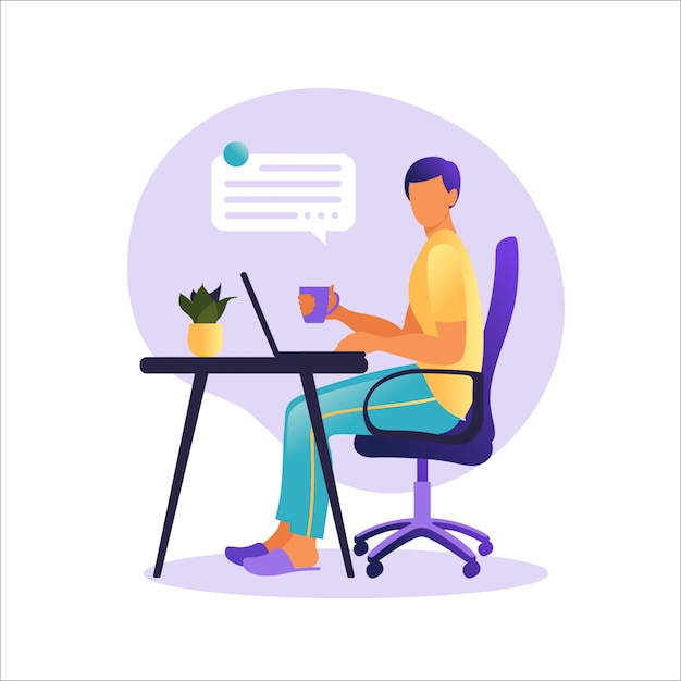 Hombre sentado mesa con ordenador portátil. Trabajando en una computadora. Freelance, educación en línea o concepto de redes sociales. Concepto independiente o de estudio. Estilo plano ilustración.