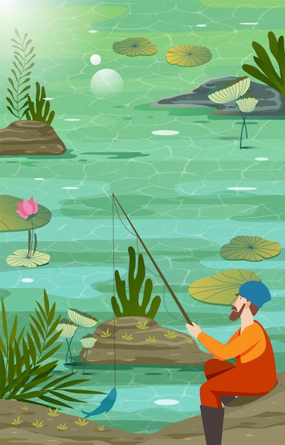 Hombre sentado y pescando en el lago de verano