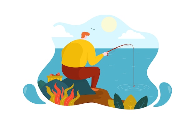 Hombre sentado en piedra pesca mar lago ilustración plana