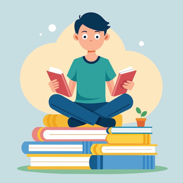 Un hombre sentado en una pila de libros absorto en la lectura Un pequeño estudiante sentado en la pila de libros y leyendo un glosario Ilustración vectorial plana simple y minimalista
