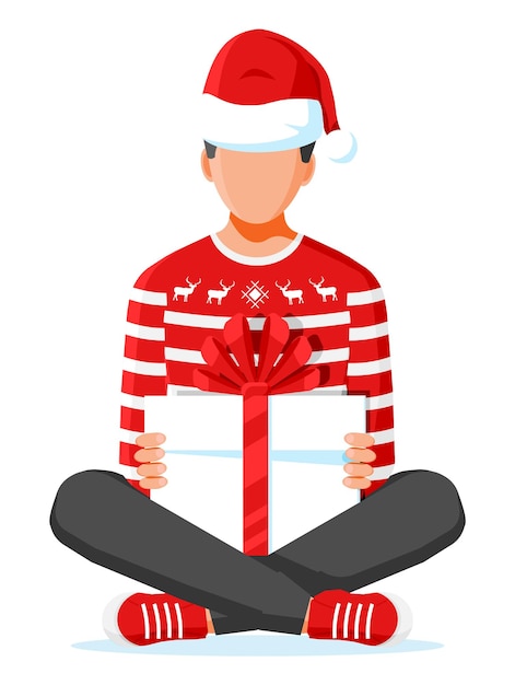 Hombre sentado en pose de loto sosteniendo caja de regalo Personaje masculino con piernas cruzadas con regalo de Navidad Decoración de feliz año nuevo Feliz Navidad Vacaciones Año nuevo y celebración de Navidad Ilustración de Vector plano