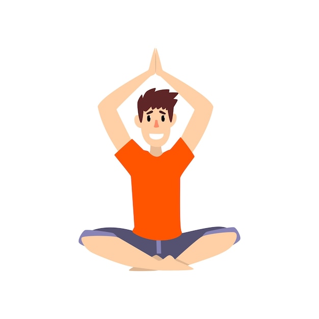 Hombre sentado en postura de loto con los brazos levantados por encima de la cabeza joven practicando yoga vector Ilustración aislada sobre un fondo blanco