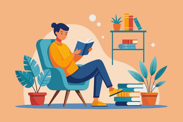 Vector un hombre sentado en una silla absorto en la lectura de un libro leyendo un libro en una silla ilustración vectorial plana simple y minimalista