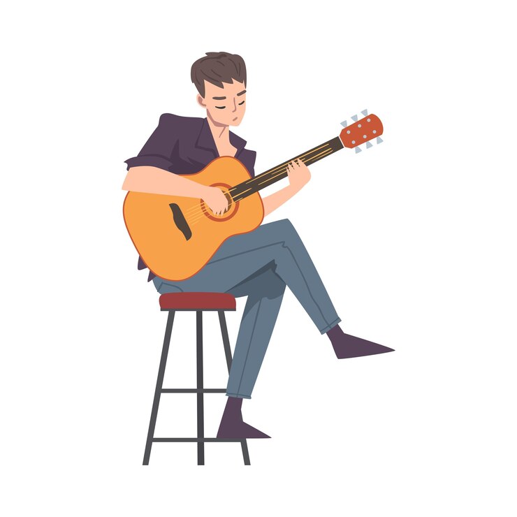 Vector hombre sentado en una silla alta tocando guitarra acústica bot adolescente músico tocando cuerdas en una actuación musical ilustración vectorial de estilo dibujos animados