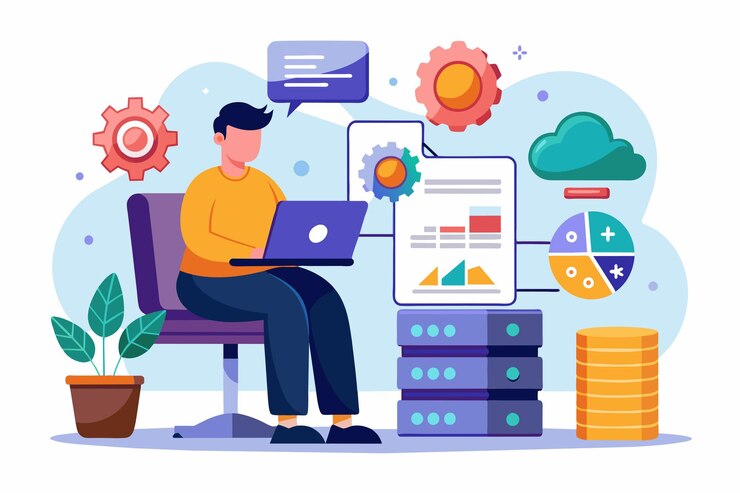 Vector un hombre sentado en una silla centrado en trabajar en una computadora portátil programador mantenimiento gestión de bases de datos grandes ilustración vectorial plana simple y minimalista