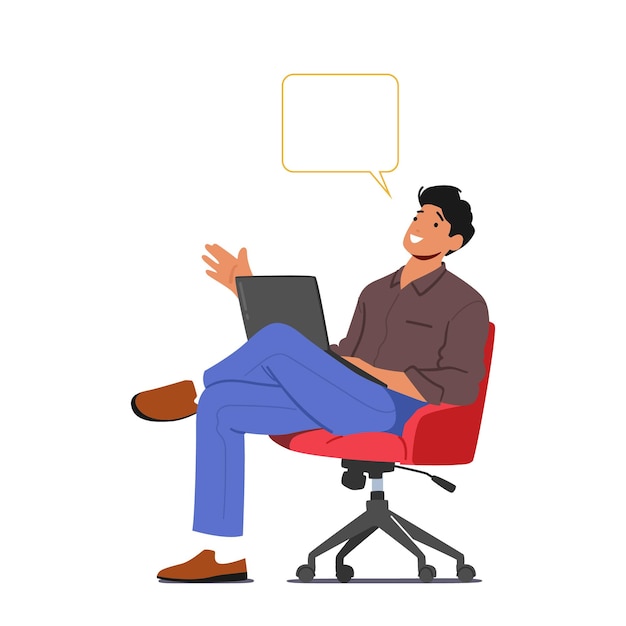 Vector hombre sentado en una silla con una computadora portátil y una burbuja de voz en la oficina empresario empleado de carácter en el trabajo gerente
