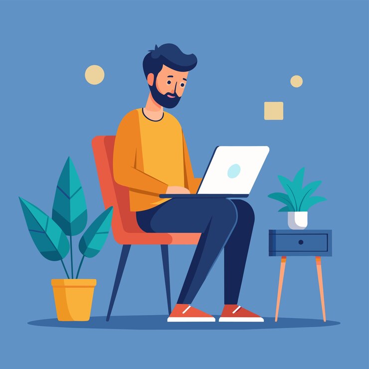 Vector un hombre sentado en una silla trabajando en una computadora portátil un hombre trabajando frente a una computadora portable mientras está sentado en la silla ilustración vectorial plana simple y minimalista