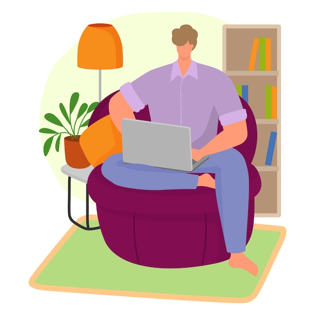 Hombre sentado en el sillón de casa, surfando en Internet, portátil en línea, vida moderna, trabajo independiente remoto, apartamento.