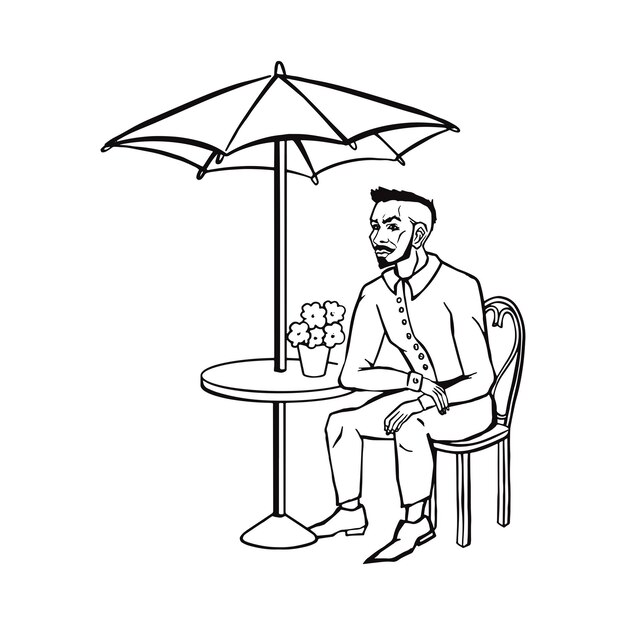 Hombre sentado solo en la ilustración vectorial de la línea de café