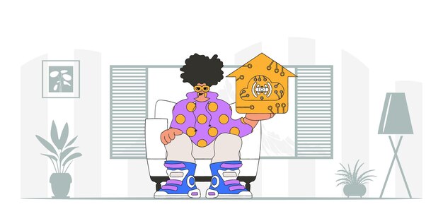 Un hombre sentado en el suelo, agarrando un logotipo de Internet de las cosas, ejecutado en un estilo de arte vectorial contemporáneo.
