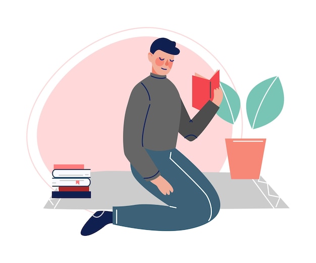 Hombre sentado en el suelo y leyendo un libro Hombre estudiante universitario Hombre joven que pasa su tiempo libre leyendo literatura Ilustración vectorial