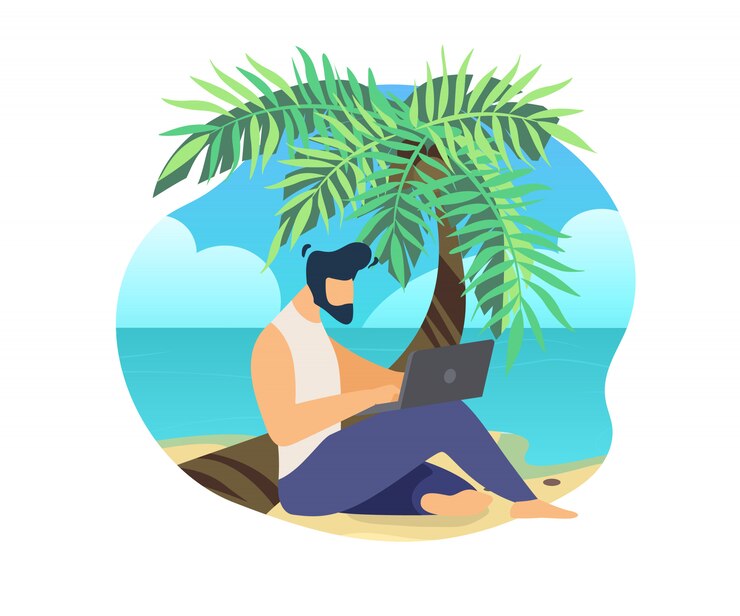 Vector hombre sentado en el tronco de la palma en la playa, trabajar en la computadora portátil