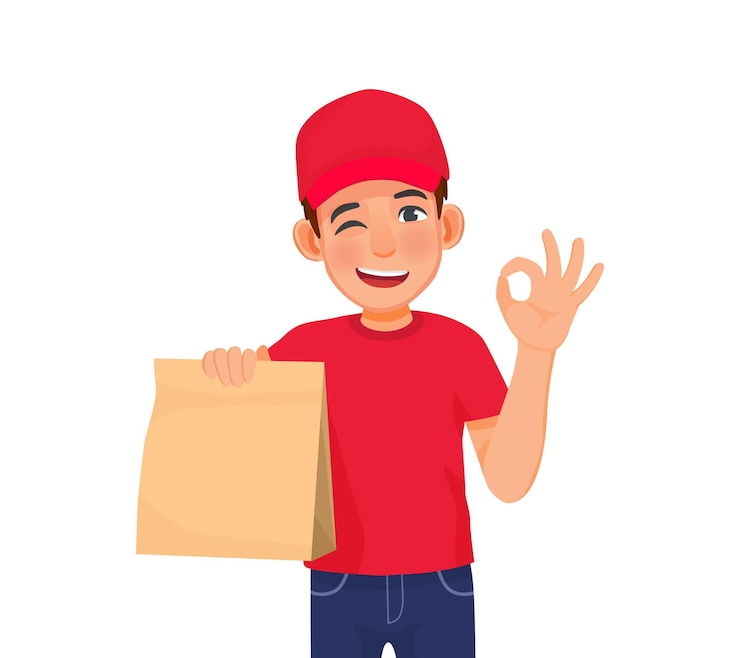 Vector hombre de servicio de entrega joven en uniforme de camiseta de gorra roja con paquete de caja que muestra gesto de mano ok