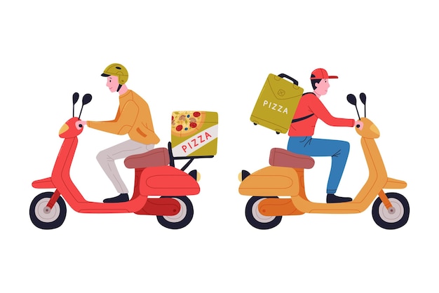 Hombre del servicio de entrega de pizza con gorra y casco montando un scooter con un conjunto vectorial de bolsas