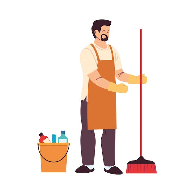 Hombre de servicio de limpieza con guantes y utensilios de limpieza