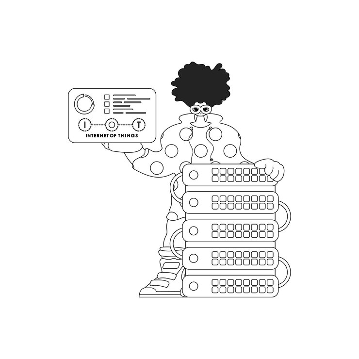 Vector hombre y servidor conectados a la nube para almacenar datos para internet de las cosas ilustrados en estilo vectorial lineal