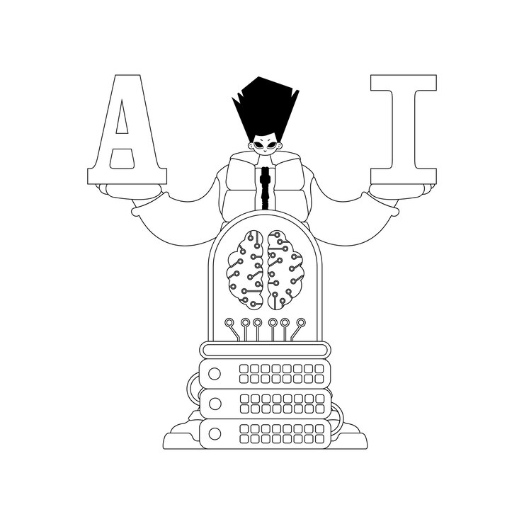 Vector hombre y servidor de ia en un diseño vectorial lineal con un tema inspirado en la ia