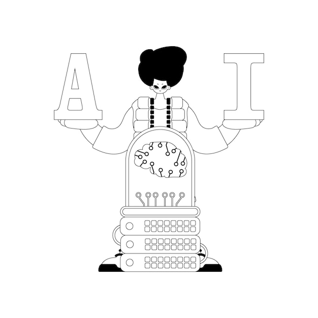 Un hombre y un servidor de IA mostrados en un diseño vectorial lineal con un tema de IA