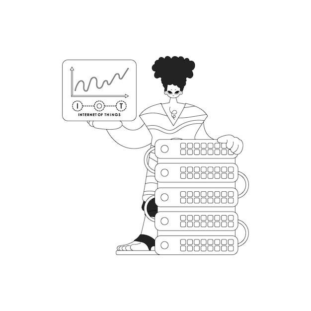 Hombre y servidor en la nube para la ilustración lineal del vector IoT