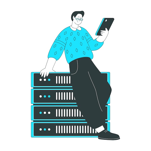 El hombre en los servidores está analizando los datos.