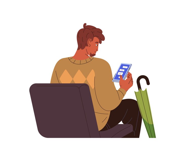 Vector hombre se sienta en el asiento y se comunica en línea por chat en el teléfono inteligente persona con el teléfono en las manos está enviando mensajes de texto responde mensajes en el diálogo vista trasera ilustración de vector aislado plano sobre fondo blanco