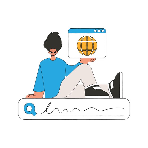 Un hombre se sienta en una barra de búsqueda y sostiene un navegador web en sus manos Busca la información necesaria en el carácter de estilo retro de Internet