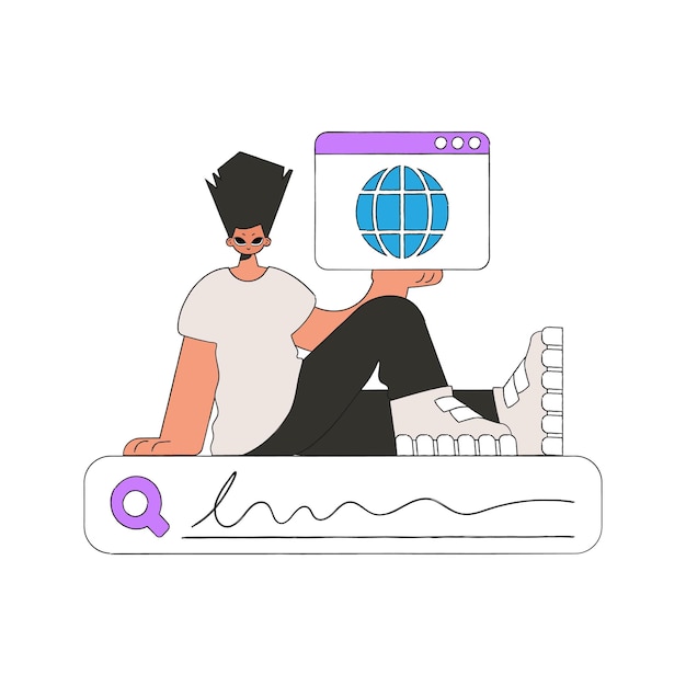 Un hombre se sienta en una barra de búsqueda y sostiene un navegador web en sus manos Busca información personaje de estilo retro