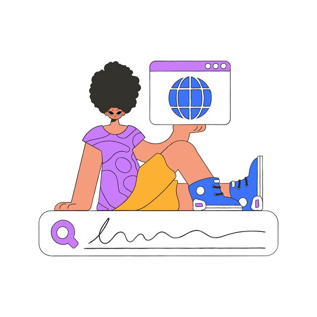 Un hombre se sienta en una barra de búsqueda y sostiene una ventana del navegador en sus manos Busca la información necesaria en el carácter de estilo retro de Internet