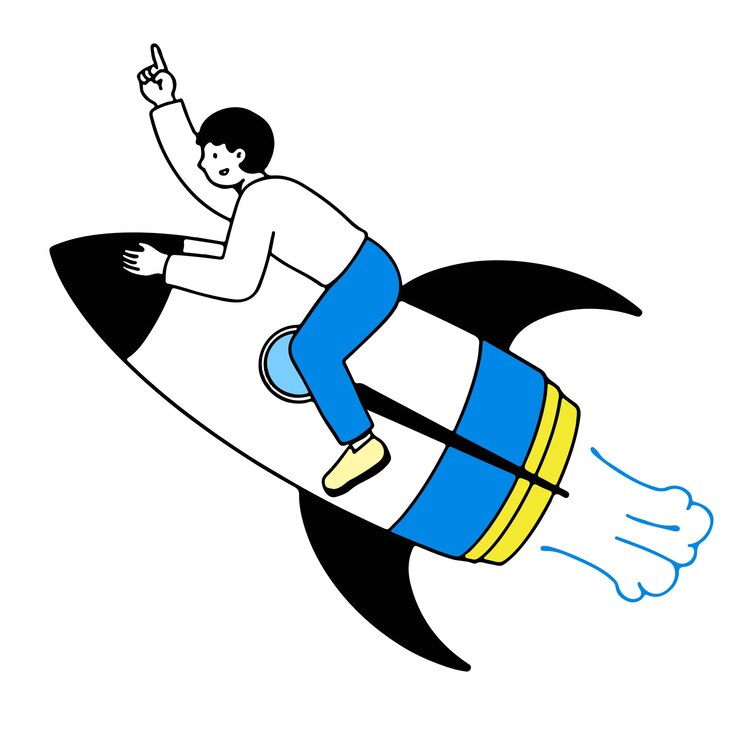 Vector el hombre se sienta en un cohete volador lanzando un proyecto empresarial una puesta en marcha exitosa, ilustración vectorial.