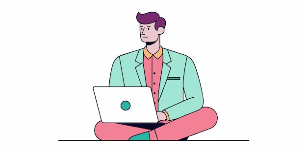 un hombre se sienta con una computadora portátil y tiene un logotipo verde en su regazo