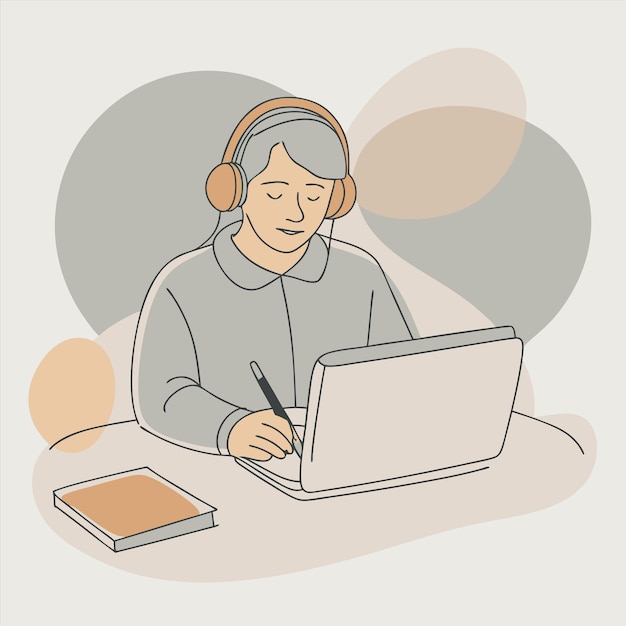 un hombre se sienta en un escritorio con auriculares en la cabeza