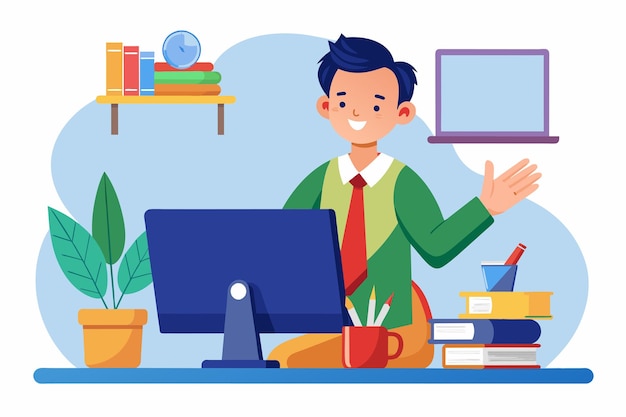 Un hombre se sienta en un escritorio centrándose en la pantalla de su computadora mientras trabaja Un maestro enseñando por computadora Ilustración vectorial plana simple y minimalista