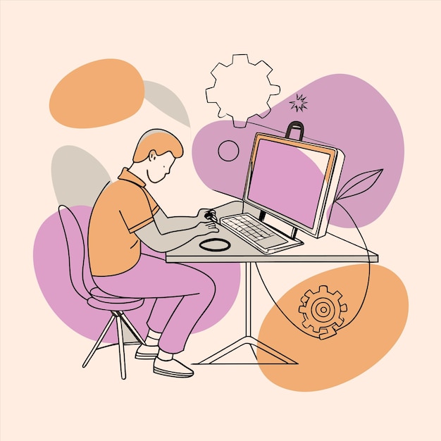 un hombre se sienta en un escritorio con una computadora y un dibujo de un hombre trabajando en una computadora