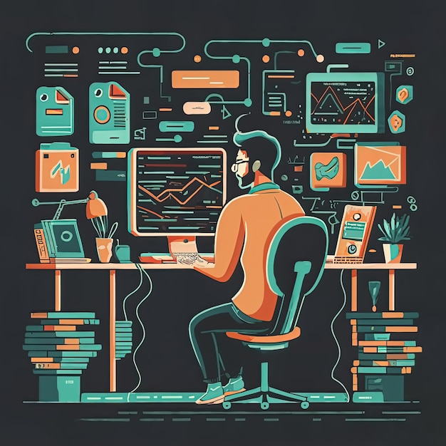 un hombre se sienta en un escritorio con una computadora y un hombre trabajando en su computadora