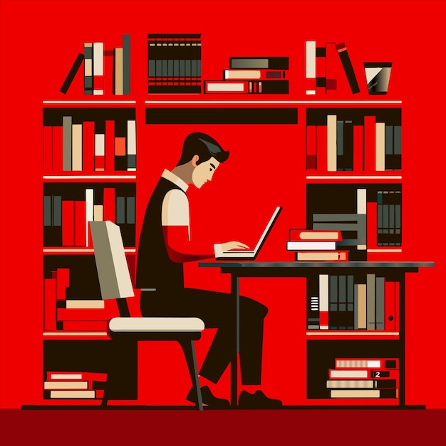 Vector un hombre se sienta en un escritorio con un fondo rojo con un libro titulado cita la palabra cita