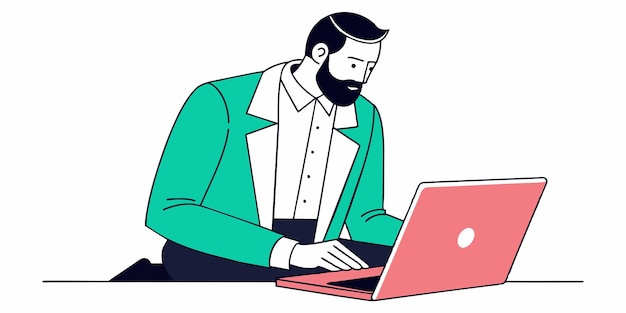 un hombre se sienta frente a una computadora con una camisa verde