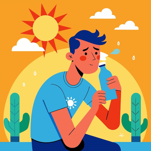 un hombre se sienta frente a un sol y una botella de agua