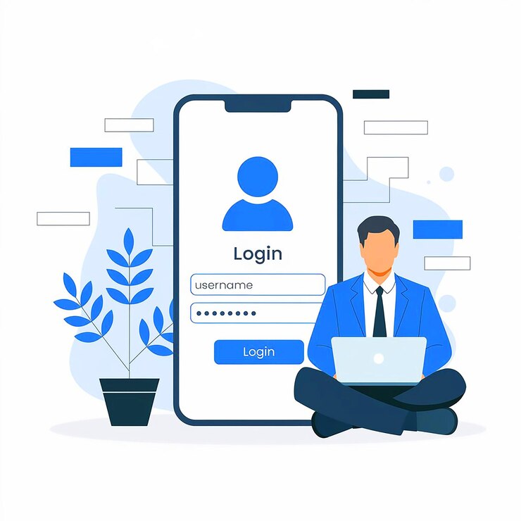 Vector un hombre se sienta frente a un teléfono que dice logitech