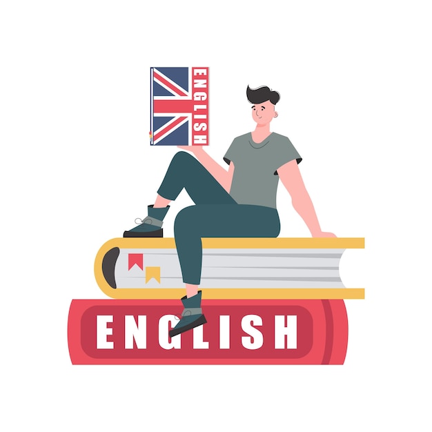 Un hombre se sienta en libros y sostiene un diccionario de inglés en sus manos El concepto de aprender inglés aislado Estilo de dibujos animados de moda Ilustración vectorial