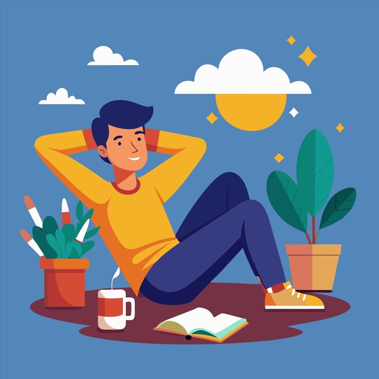 Vector un hombre se sienta en una mesa con un libro y una taza de café