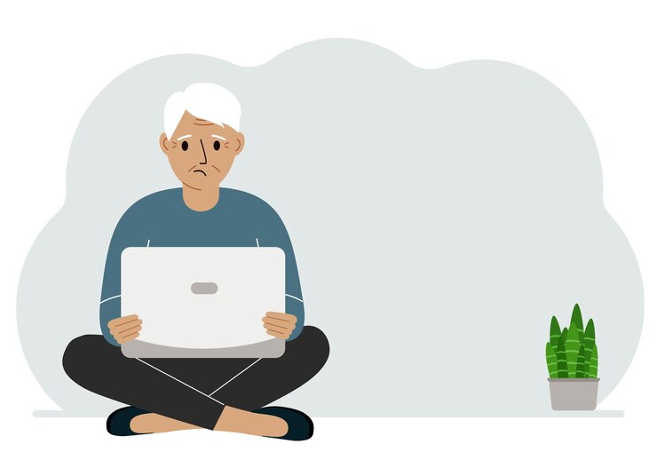Vector un hombre se sienta con las piernas cruzadas en sus manos sosteniendo una computadora portátil el concepto de educación laboral leyendo videos