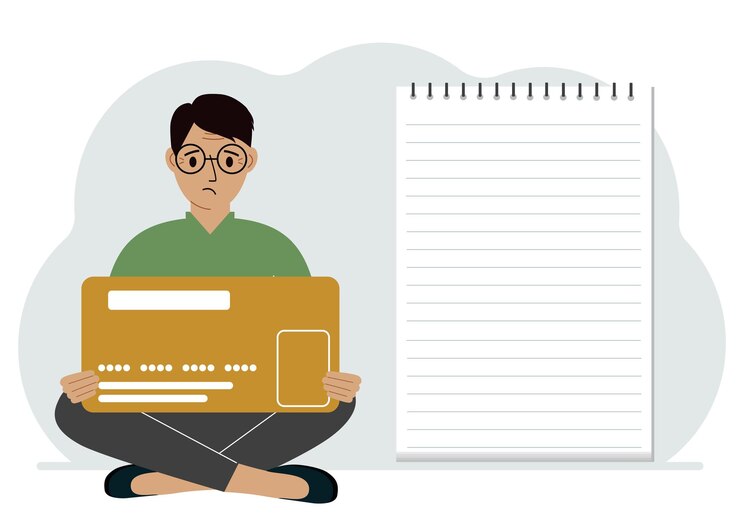 Vector un hombre se sienta con las piernas cruzadas en sus manos sosteniendo una gran tarjeta de crédito al lado de un bloc de notas de primer plano para texto concepto de planificación de gastos de tarjeta de crédito planificación de ingresos