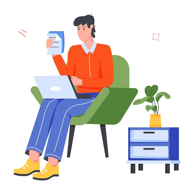 un hombre se sienta en una silla con una computadora portátil y una planta en ella