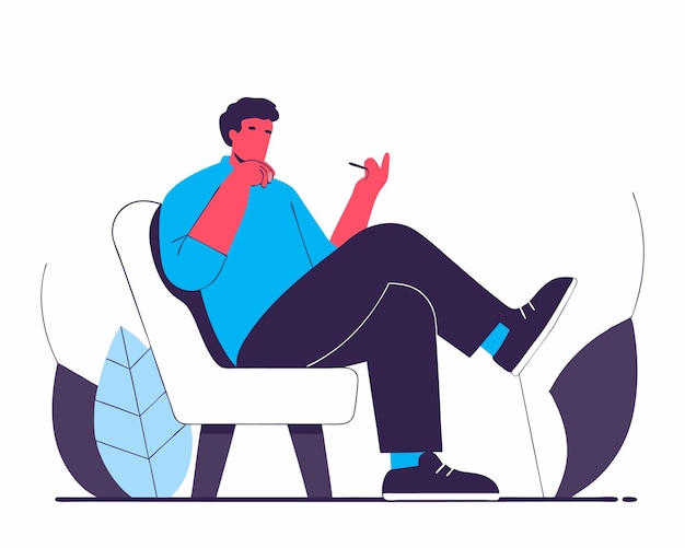 El hombre se sienta en la silla y fuma cigarrillos ilustración
