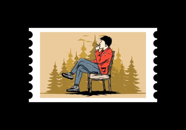 El hombre se sienta en la silla y fuma cigarrillos ilustración