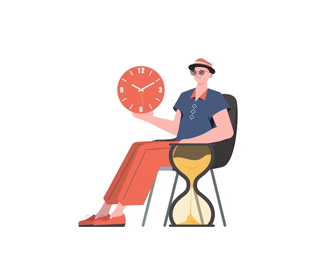 Un hombre se sienta en una silla junto a un reloj de arena Elemento aislado para presentación Ilustración vectorial