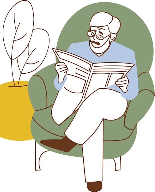 Un hombre se sienta en una silla leyendo un periódico.